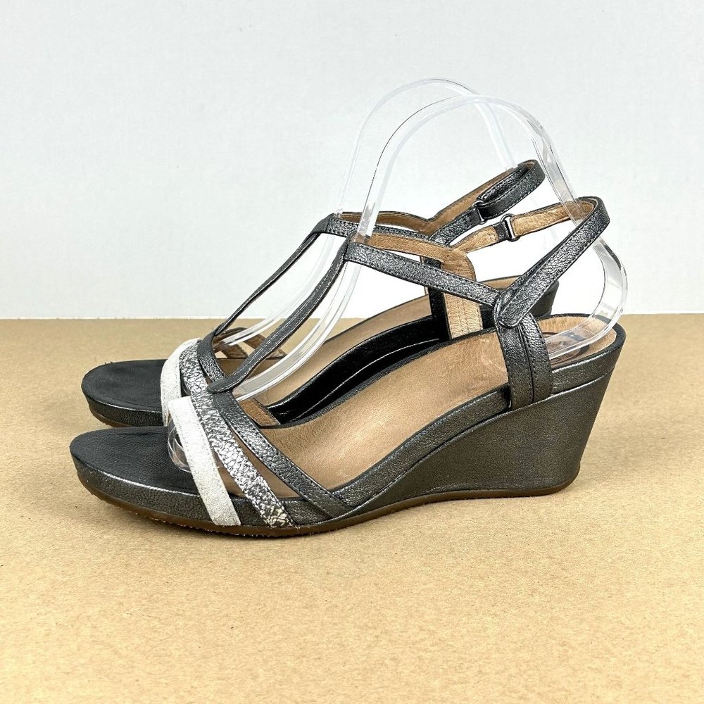 Abeo Lacey Leather Wedge Sandal Womens Size 9 Neutral Pewter Silver Metallic